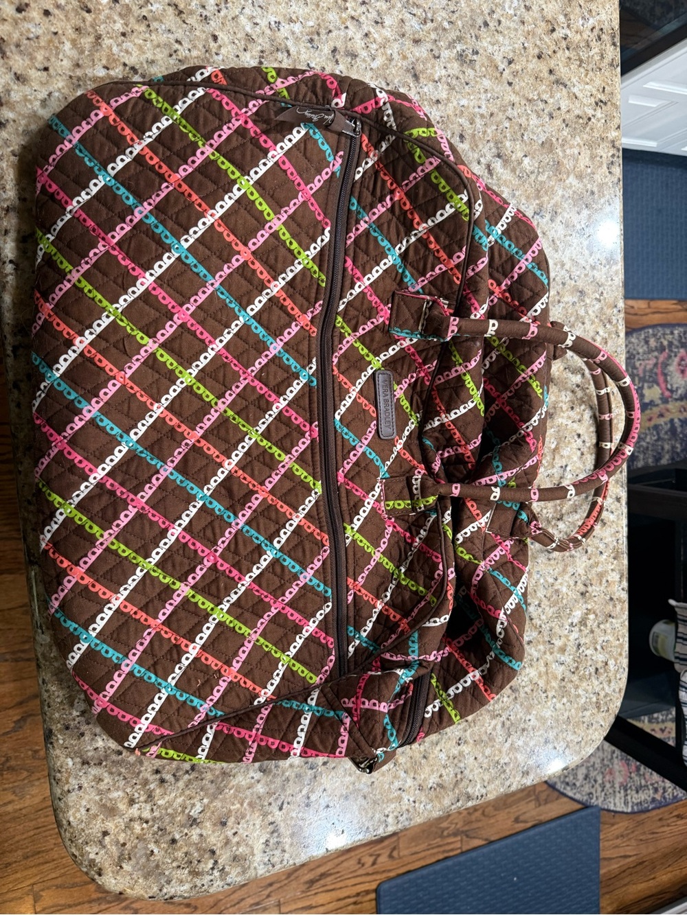Vera Bradley Brown Quilted Tote with Multicolor Diamond Chain Print